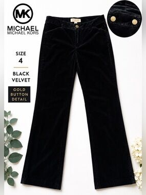 Michael Michael Kors Black Velvet Pants Size 4 Gold Button Straight Leg